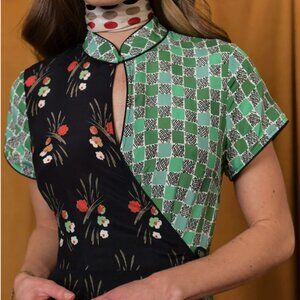 Carole Printed Patchwork Silk Crepe Midi Wrap Dress